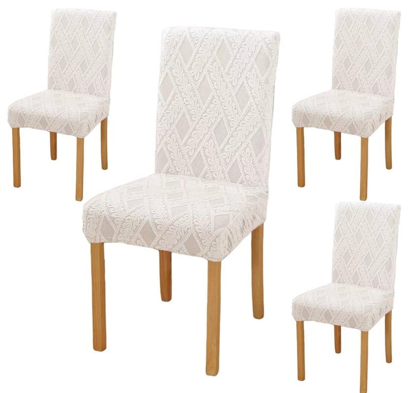 Styleys Elastic Chair Cover Stretch Removable Washable Short Jacquard Dining Chair Cover Protector Seat Slipcover (Pack of 4, Ivory, JCMC37) - Image 1
