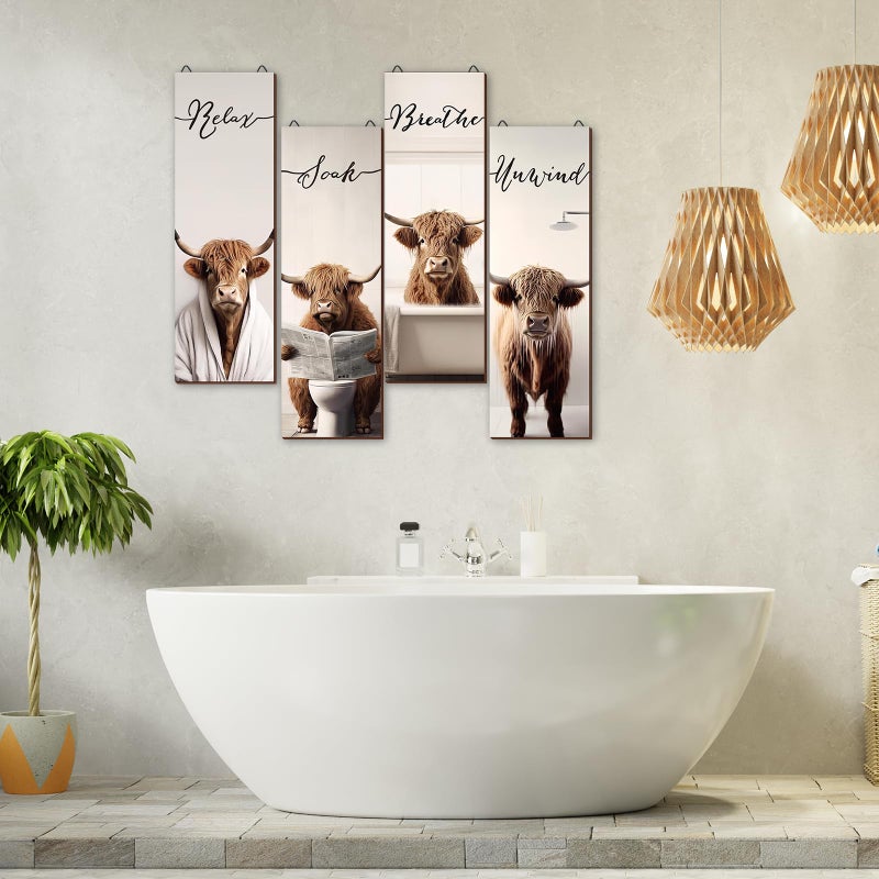 YLOLUL 4 Pieces Highland Cow Bathroom Decor Wood Relax Soak Unwind Breathe Farmhouse Bathroom Decor Rustic Cow Bathroom Decor Sign Hanging Cow Sign for Home Laundry Room Bathroom (16 * 5 Inch) - Image 3