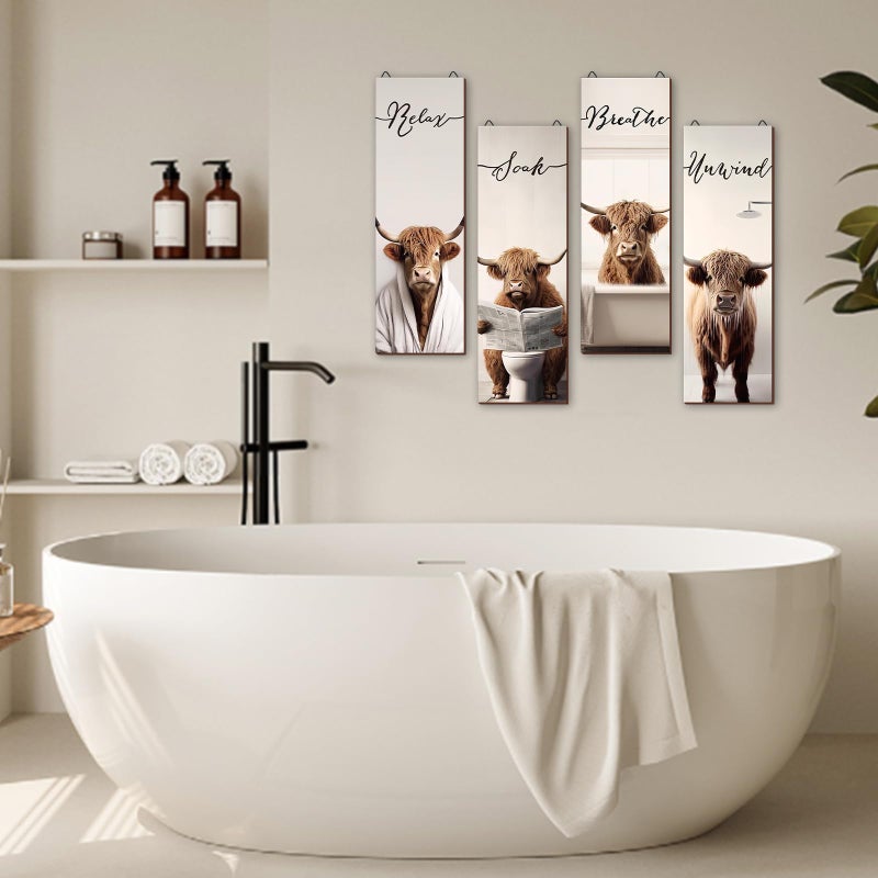 YLOLUL 4 Pieces Highland Cow Bathroom Decor Wood Relax Soak Unwind Breathe Farmhouse Bathroom Decor Rustic Cow Bathroom Decor Sign Hanging Cow Sign for Home Laundry Room Bathroom (16 * 5 Inch) - Image 5