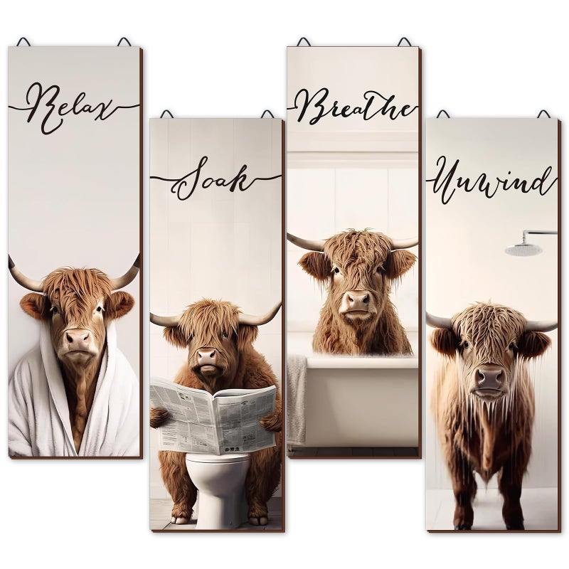 YLOLUL 4 Pieces Highland Cow Bathroom Decor Wood Relax Soak Unwind Breathe Farmhouse Bathroom Decor Rustic Cow Bathroom Decor Sign Hanging Cow Sign for Home Laundry Room Bathroom (16 * 5 Inch) - Image 1