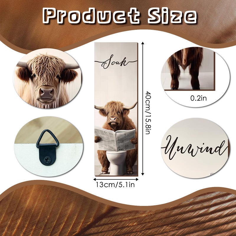 YLOLUL 4 Pieces Highland Cow Bathroom Decor Wood Relax Soak Unwind Breathe Farmhouse Bathroom Decor Rustic Cow Bathroom Decor Sign Hanging Cow Sign for Home Laundry Room Bathroom (16 * 5 Inch) - Image 2