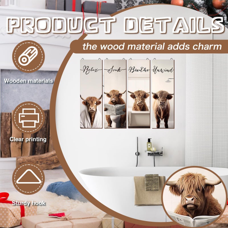 YLOLUL 4 Pieces Highland Cow Bathroom Decor Wood Relax Soak Unwind Breathe Farmhouse Bathroom Decor Rustic Cow Bathroom Decor Sign Hanging Cow Sign for Home Laundry Room Bathroom (16 * 5 Inch) - Image 4