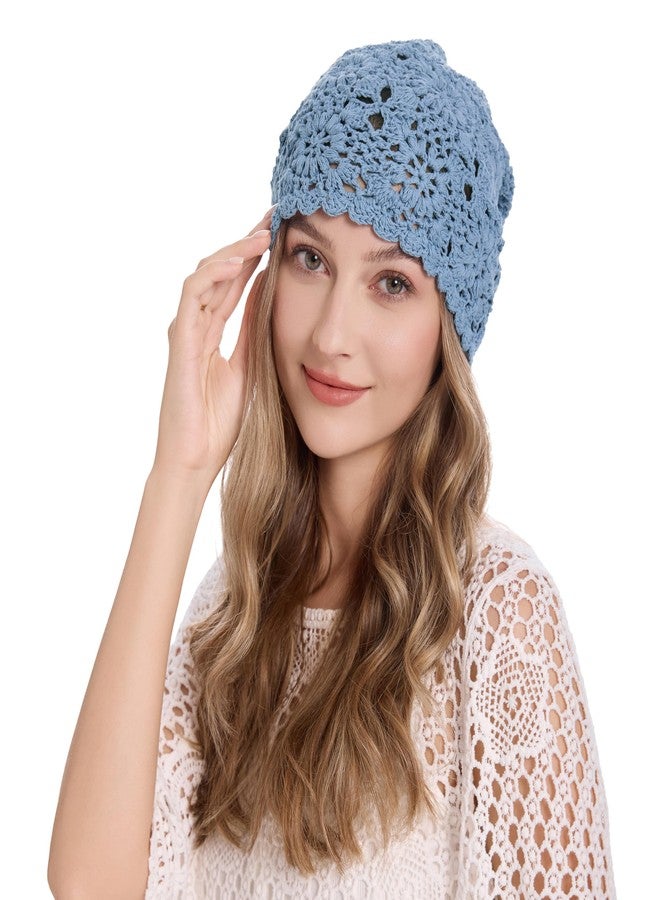 ZLYC Women Cotton Crochet Slouchy Beanie Hat Handmade Knit Summer Skull Cap, Solid Mild Blue, One Size - Image 4
