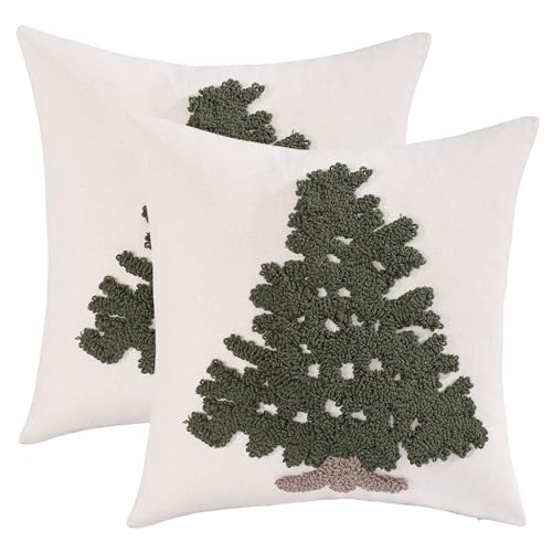 Tosleo Christmas Tufted Pillow Covers 18 x 18 inch Set of 2 Dark Green Xmas Trees Throw Pillow Cover Christmas Party Decor Winter Holiday Embroidery Cushion Case for Sofa Couch Bed Living Room - Image 1