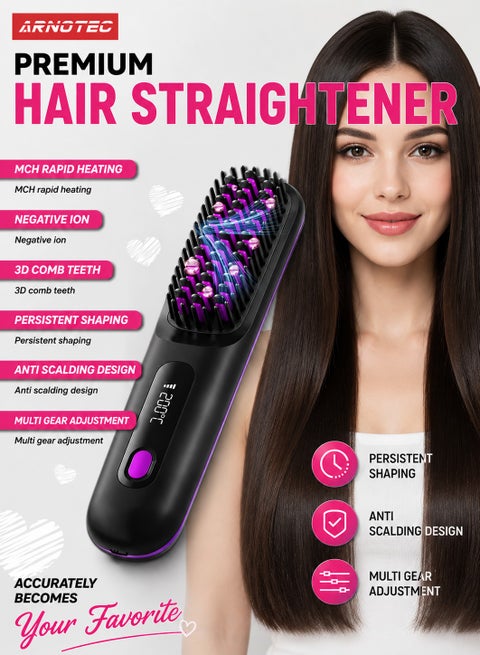 Hair Styling Brush, Multifunctional Cordless Electric Hot Comb, Durable LCD Display Straightening Brush, Portable Hair Straightening Iron Brush with 3 Heating Settings, USB Charging, Hair Accessories