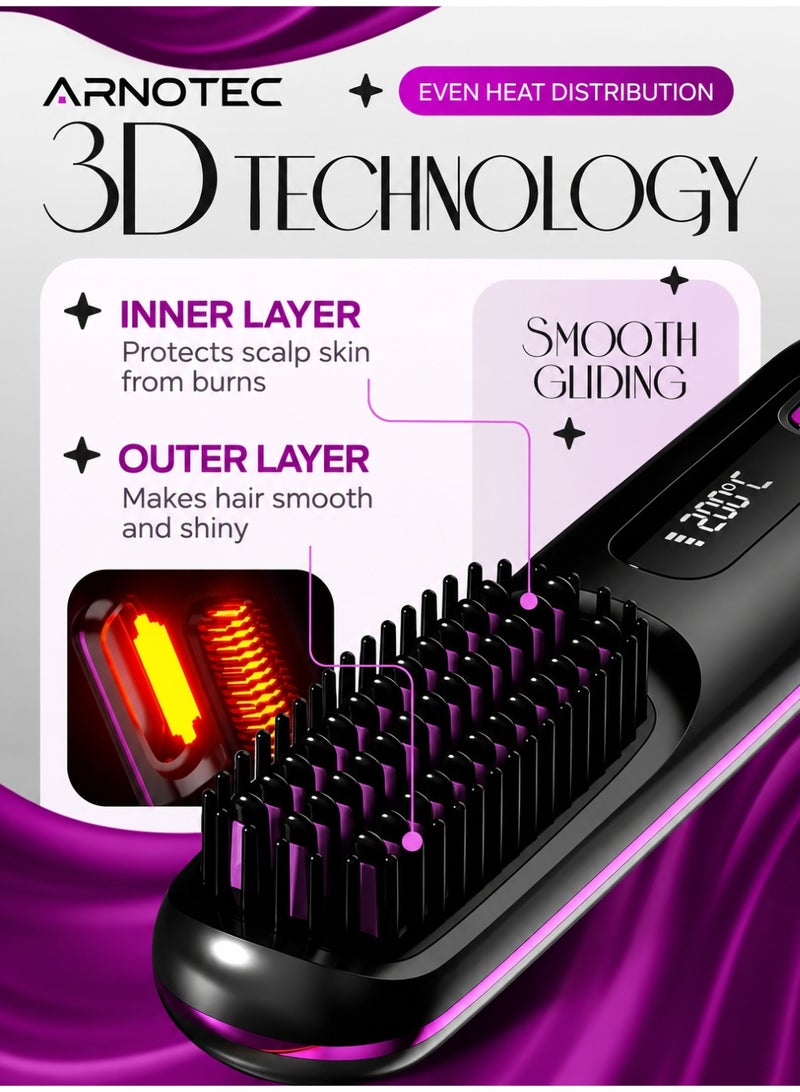 ARNOTEC Hair Styling Brush, Multifunctional Cordless Electric Hot Comb, Durable LCD Display Straightening Brush, Portable Hair Straightening Iron Brush with 3 Heating Settings, USB Charging, Hair Accessories - Image 4