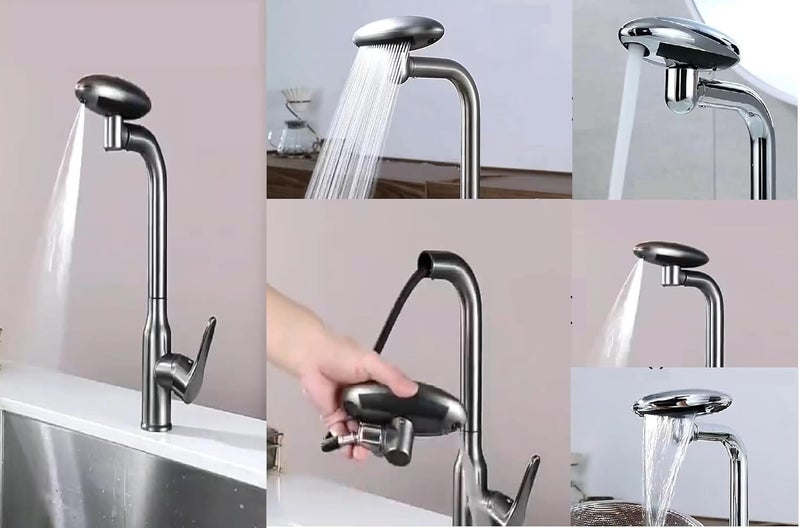 X-XONIER XXONIER Waterfall 5 in 1 Pull Down Faucet 360 Rotating Single Handel Hot and Cold Mixer Long Neck for Sink Bathroom and Kitchen Black Black - Image 1