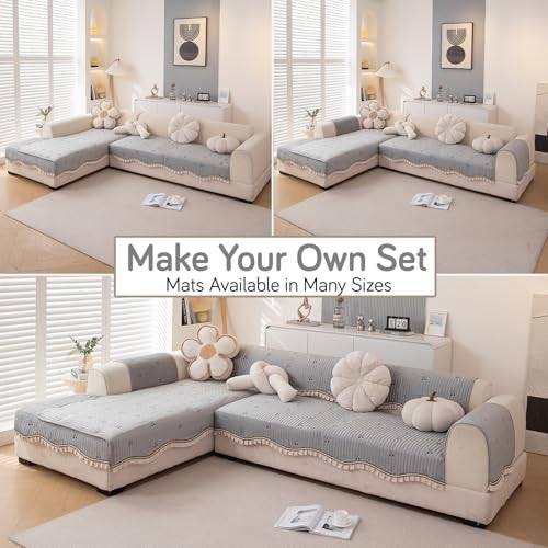 HOKIPO Premium Dutch Velvet Sofa Cover Mat with Frill | Make Your Own Sofa Cover Set, Mat Length 90(D) x 150(L) cm, Smoke Grey (AR-5737-LGRY) - Image 4