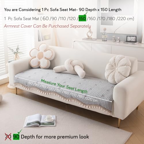HOKIPO Premium Dutch Velvet Sofa Cover Mat with Frill | Make Your Own Sofa Cover Set, Mat Length 90(D) x 150(L) cm, Smoke Grey (AR-5737-LGRY) - Image 5