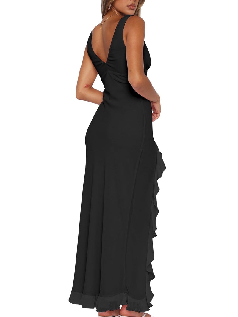 Mokoru Women's Sexy Bodycon V Neck Sleeveless Ruffle Hem High Slit Cocktail Party Maxi Dresses, Small, Black - Image 2