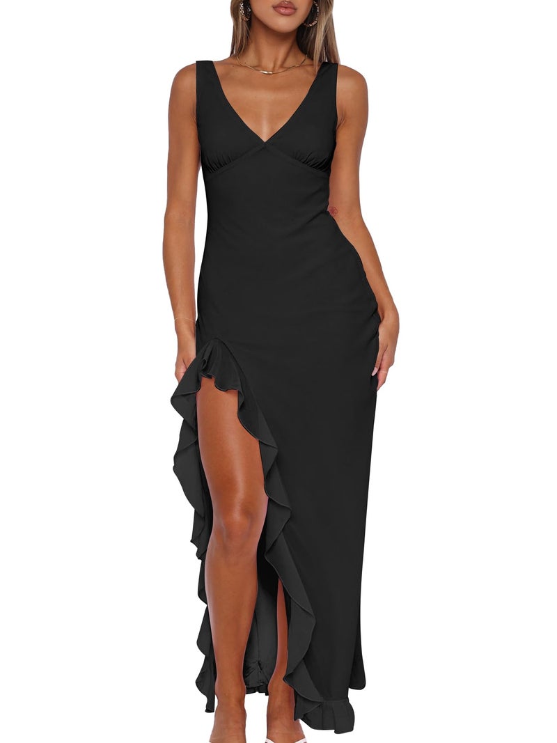 Mokoru Women's Sexy Bodycon V Neck Sleeveless Ruffle Hem High Slit Cocktail Party Maxi Dresses, Small, Black - Image 1