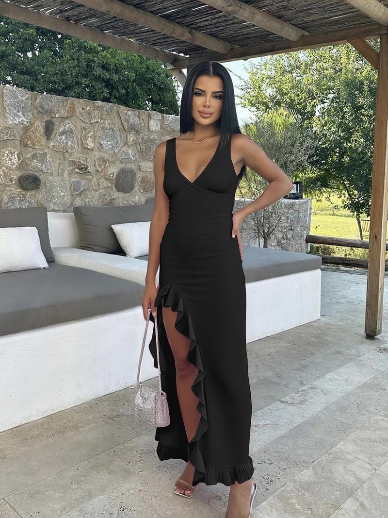 Mokoru Women's Sexy Bodycon V Neck Sleeveless Ruffle Hem High Slit Cocktail Party Maxi Dresses, Small, Black - Image 4