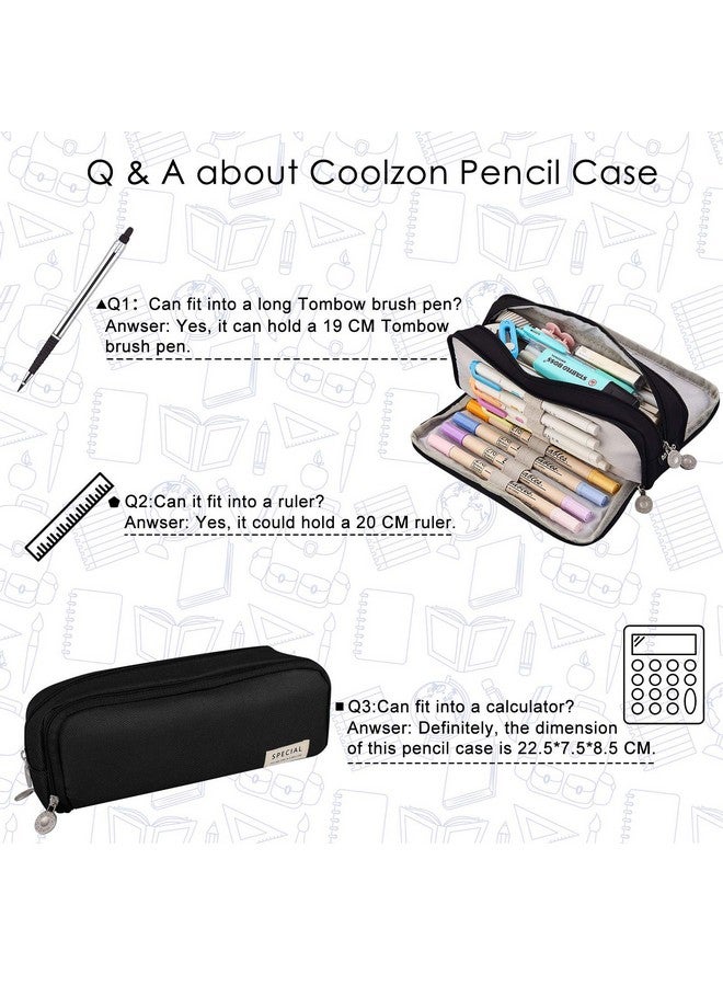 Coolzon Nylon Large Pencil Case For Girls Boys,Big Capacity Pencil Cases With 3 Compartments Pen Bag Pouch Holder School Stationery Organizer Makeup Cosmetic Bag For Kids Women Men (Black,Black) - Image 5