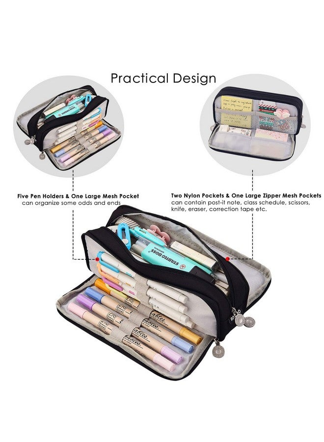 Coolzon Nylon Large Pencil Case For Girls Boys,Big Capacity Pencil Cases With 3 Compartments Pen Bag Pouch Holder School Stationery Organizer Makeup Cosmetic Bag For Kids Women Men (Black,Black) - Image 2