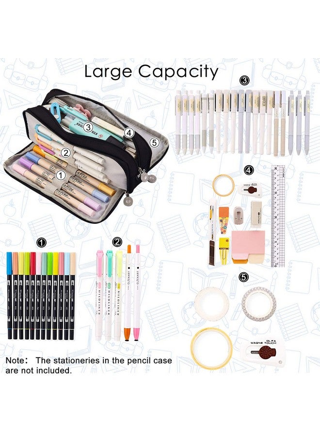 Coolzon Nylon Large Pencil Case For Girls Boys,Big Capacity Pencil Cases With 3 Compartments Pen Bag Pouch Holder School Stationery Organizer Makeup Cosmetic Bag For Kids Women Men (Black,Black) - Image 3