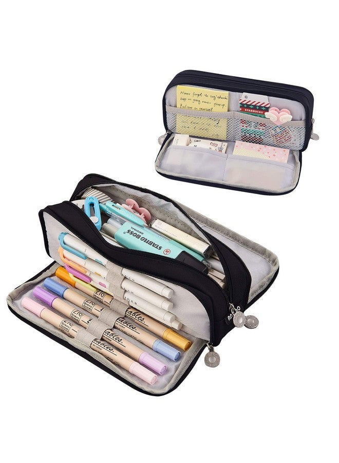 Coolzon Nylon Large Pencil Case For Girls Boys,Big Capacity Pencil Cases With 3 Compartments Pen Bag Pouch Holder School Stationery Organizer Makeup Cosmetic Bag For Kids Women Men (Black,Black) - Image 1