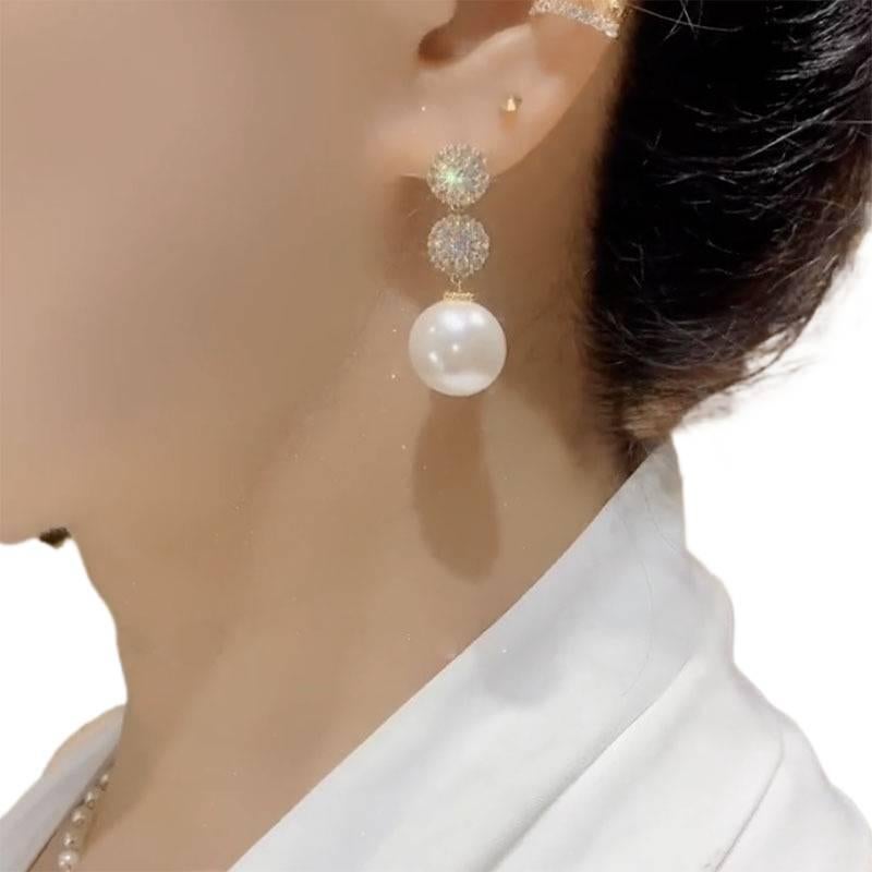 AD Pearl Stud Earrings with Rhinestone Detail and Drop Accent Lightweight Statement Jewelry for Daily Wear and Dressy Styling - Image 3