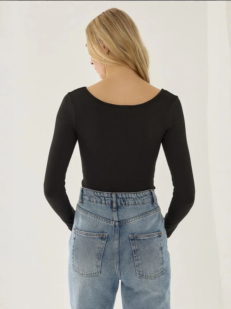 HICCUP Black Square Neck Long Sleeve Bodysuit for Women | Best Price UAE