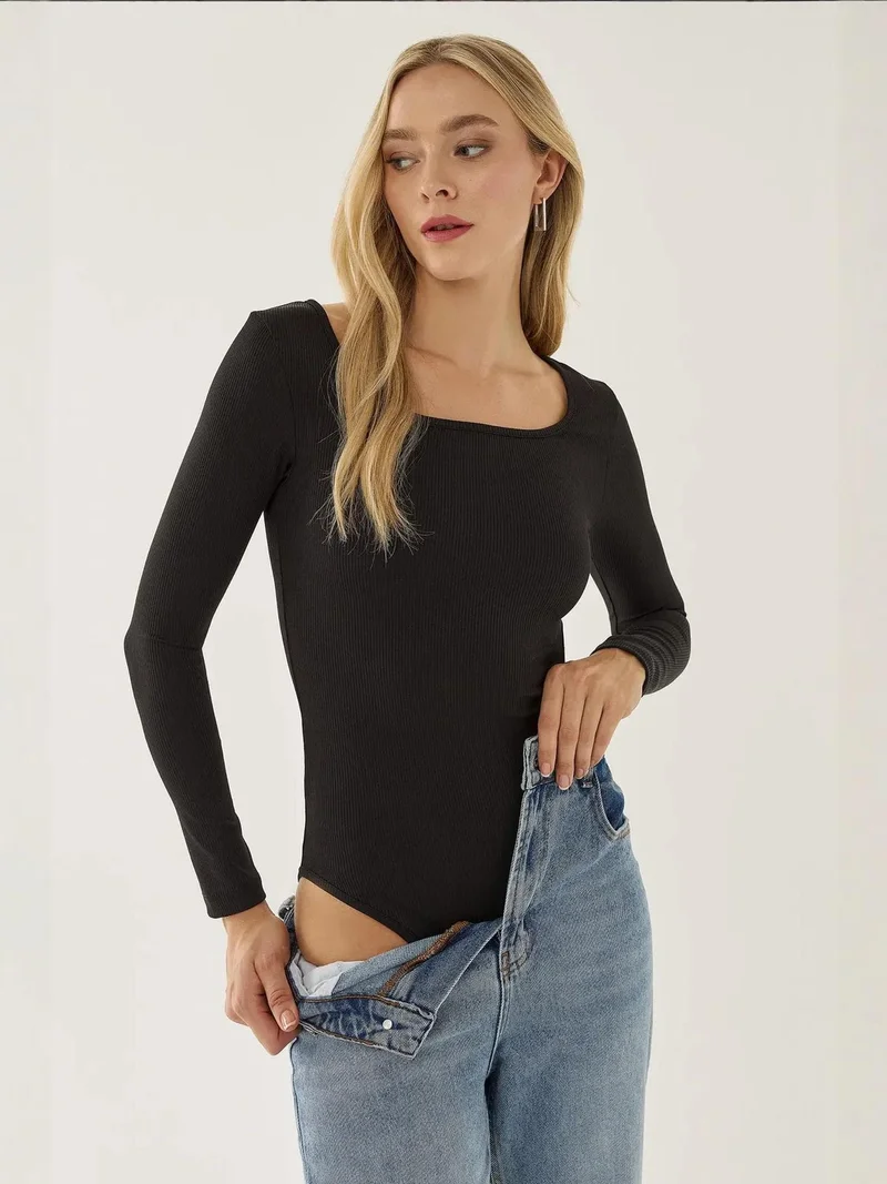 HICCUP Black Square Neck Long Sleeve Bodysuit for Women | Best Price UAE
