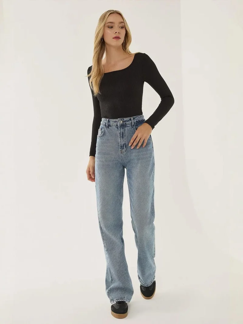 HICCUP Black Square Neck Long Sleeve Bodysuit for Women | Best Price UAE