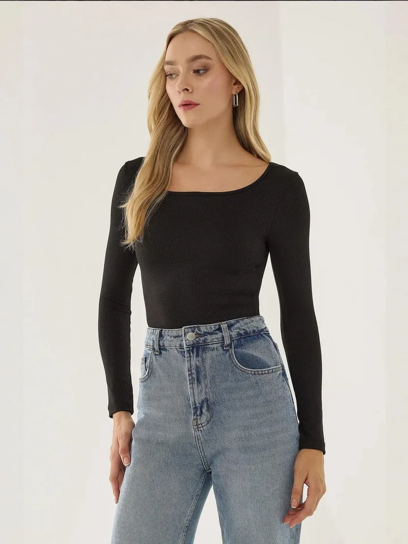 HICCUP Black Square Neck Long Sleeve Bodysuit for Women | Best Price UAE