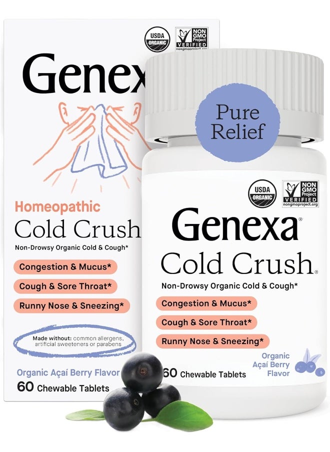 Genexa Genexa Cold Crush - 60 Tablets – Multi-Symptom Cough & Cold Remedy - Certified Vegan, Organic, Gluten Free & Non-GMO - Homeopathic Remedies  - Image 1