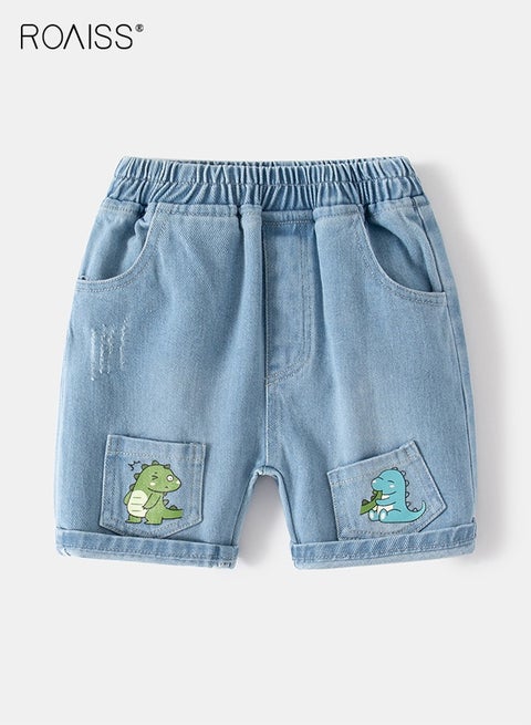 شورت جينز صيفي للأولاد بنقوش ديناصورات، بنطلون قصير بخصر مرن مستقيم الساق، شورت جينز أنيق متعدد الاستخدامات للأولاد الصغار، مناسب للارتداء اليومي والمناسبات الأخرى