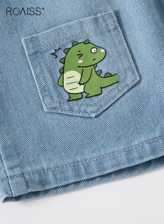 رويس شورت جينز صيفي للأولاد بنقوش ديناصورات، بنطلون قصير بخصر مرن مستقيم الساق، شورت جينز أنيق متعدد الاستخدامات للأولاد الصغار، مناسب للارتداء اليومي والمناسبات الأخرى - Image 3