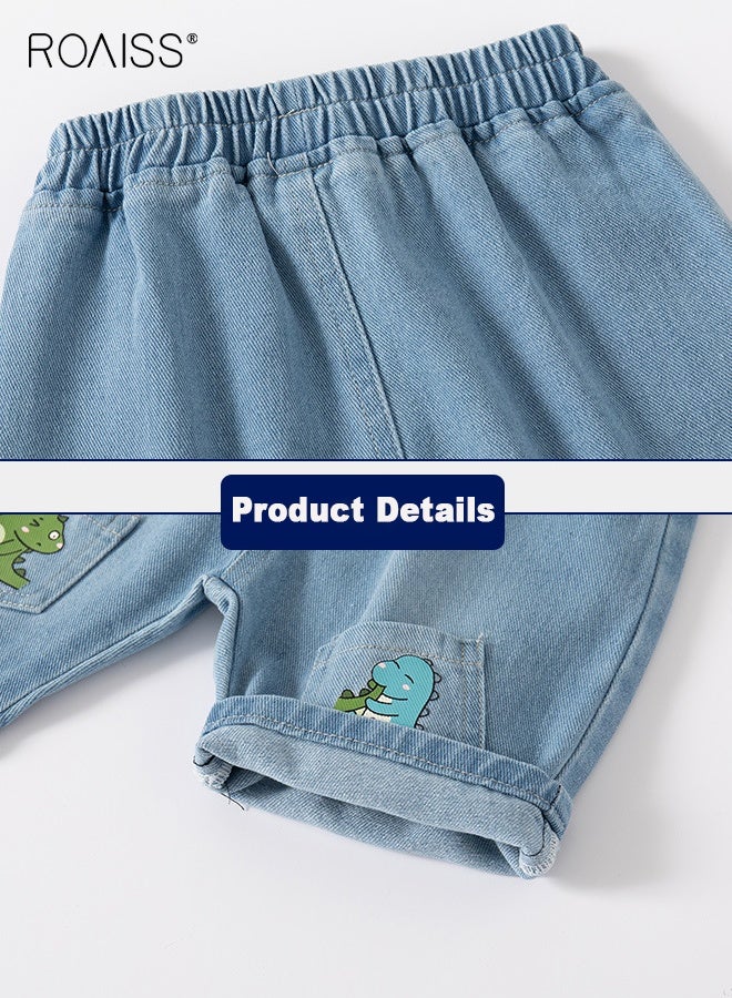 رويس شورت جينز صيفي للأولاد بنقوش ديناصورات، بنطلون قصير بخصر مرن مستقيم الساق، شورت جينز أنيق متعدد الاستخدامات للأولاد الصغار، مناسب للارتداء اليومي والمناسبات الأخرى - Image 4