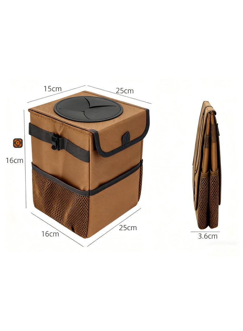 Halamodo Car Trash Can with Lid and Storage Pockets - Leak-Proof Organizer, Waterproof Garbage Can, Multipurpose Trash Bin for Car,Brown - Image 5