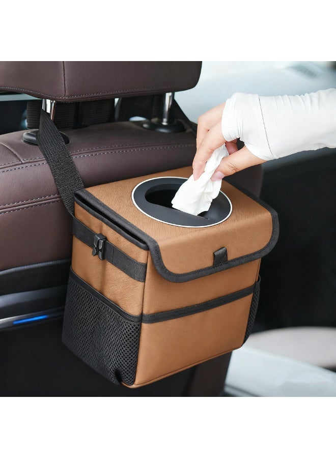 Halamodo Car Trash Can with Lid and Storage Pockets - Leak-Proof Organizer, Waterproof Garbage Can, Multipurpose Trash Bin for Car,Brown - Image 3
