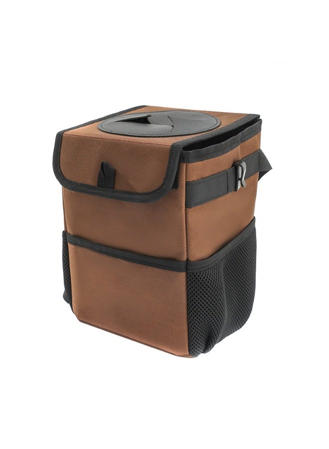 Halamodo Car Trash Can with Lid and Storage Pockets - Leak-Proof Organizer, Waterproof Garbage Can, Multipurpose Trash Bin for Car,Brown - Image 1