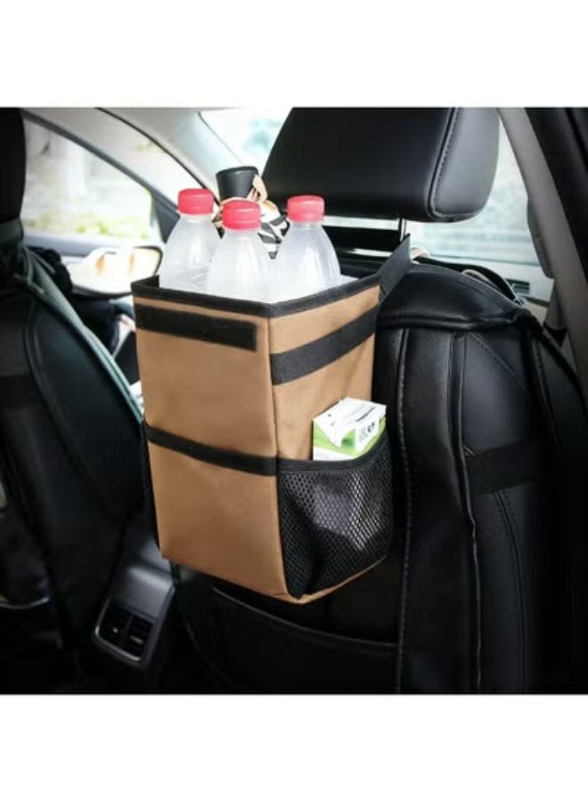 Halamodo Car Trash Can with Lid and Storage Pockets - Leak-Proof Organizer, Waterproof Garbage Can, Multipurpose Trash Bin for Car,Brown - Image 2