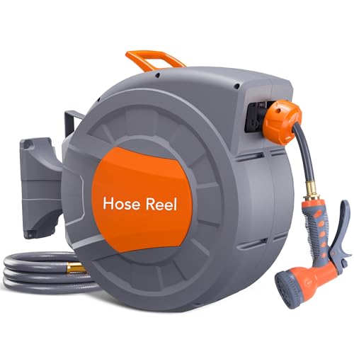 GAOMON Retractable Garden Hose Reel - 1/2 in x 72 ft, Wall Mounted, 9-Function Sprayer, Any Length Lock, 180° Swivel, Automatic Slow Rewind - Image 1