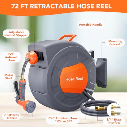 GAOMON Retractable Garden Hose Reel - 1/2 in x 72 ft, Wall Mounted, 9-Function Sprayer, Any Length Lock, 180° Swivel, Automatic Slow Rewind - Image 4