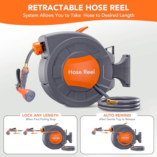 GAOMON Retractable Garden Hose Reel - 1/2 in x 72 ft, Wall Mounted, 9-Function Sprayer, Any Length Lock, 180° Swivel, Automatic Slow Rewind - Image 2