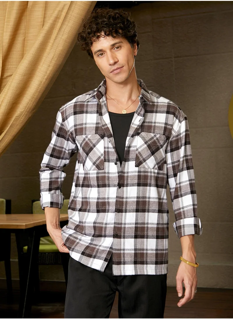 كامبوس سوترا Men's Daisy White & Chocolate Brown Checkered Utility Shacket