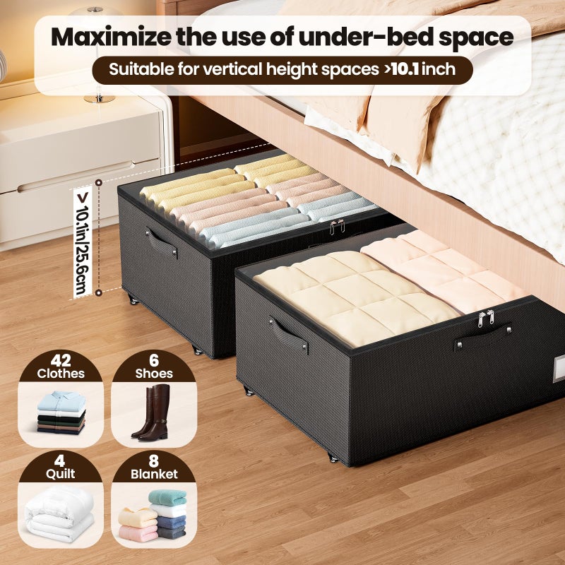 Dayacoco Underbed Storage with Wheels, 2 Pack Under Bed Storage Containers with Clear Lids, No Assembly Required 10.1 inch Rolling Under Bed Storage for Clothes, Blankets - Image 4