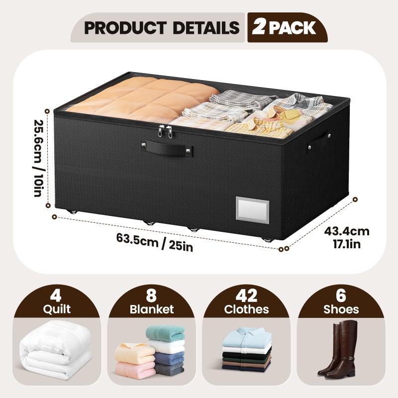 Dayacoco Underbed Storage with Wheels, 2 Pack Under Bed Storage Containers with Clear Lids, No Assembly Required 10.1 inch Rolling Under Bed Storage for Clothes, Blankets - Image 2