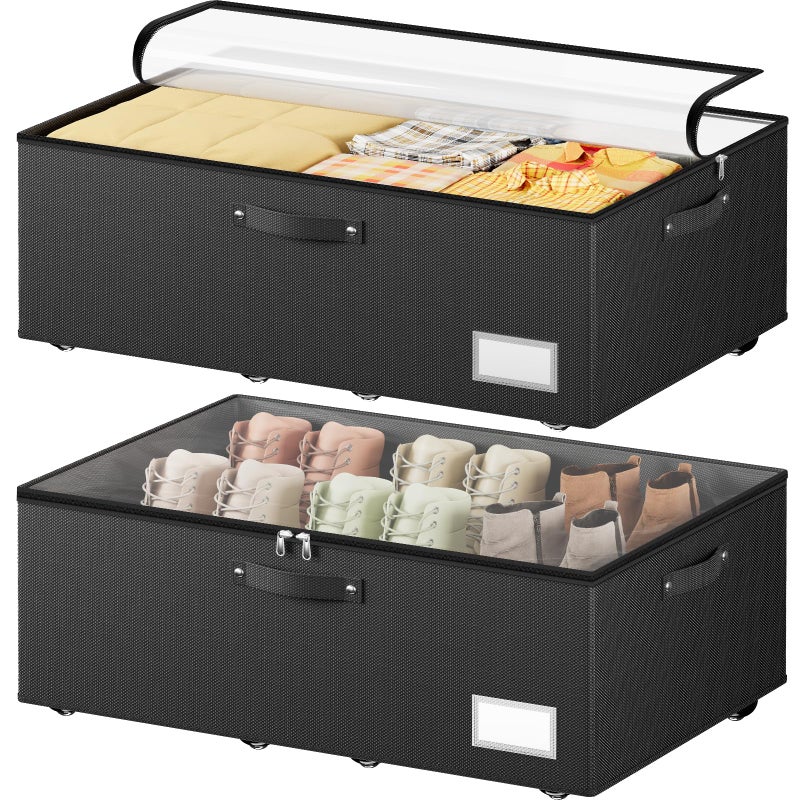 Dayacoco Underbed Storage with Wheels, 2 Pack Under Bed Storage Containers with Clear Lids, No Assembly Required 10.1 inch Rolling Under Bed Storage for Clothes, Blankets - Image 1