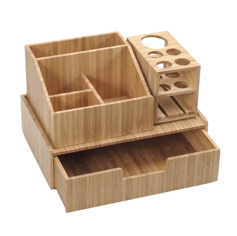 MobileVision Bamboo Makeup Organizer Complete Combo  3 PC set INCLUDES: 5 Section Brush Holder  4 Compartment Cosmetic Caddy & Drawer for added extra storage space - Image 2