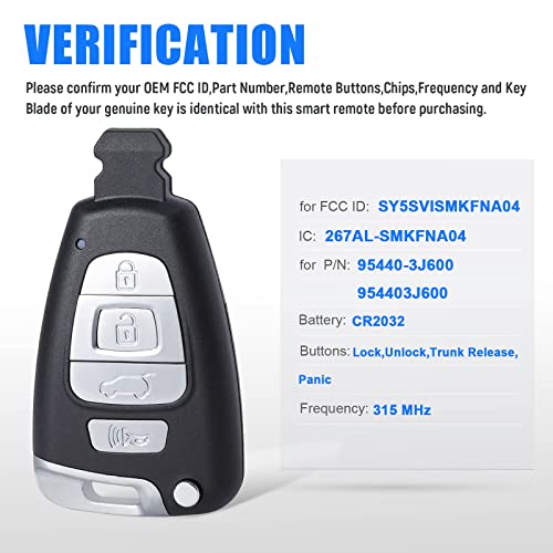 Keymall Car Smart Key Fob Keyless Entry Remote Key for Hyundai Veracruz 2007 2008 2009 2010 2011 2012(FCC ID:SY5SVISMKFNA04 P/N:95440-3J600) 3+1 Buttons - Image 4