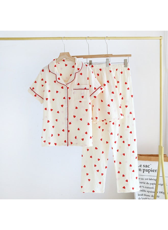 Summer Pure Cotton Gauze Thin Short-sleeved Heart Three-piece Shorts Breathable Sweat-absorbent Trousers Lapel Age-reducing Pajamas Set