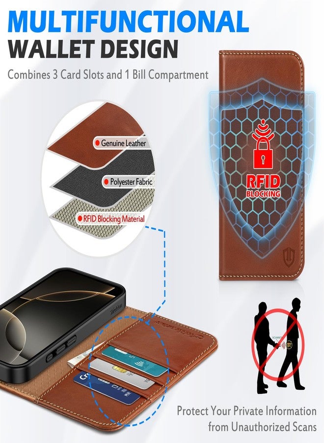 SHIELDON Case for iPhone 16 Pro 5G 6.3", Genuine Leather Wallet Folio Case with [Card Slots][Kickstand][RFID Blocking] Magnetic Protection Flip Case Compatible with iPhone 16 Pro - Retro Brown - Image 4