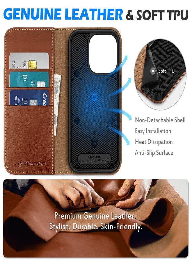 SHIELDON Case for iPhone 16 Pro 5G 6.3", Genuine Leather Wallet Folio Case with [Card Slots][Kickstand][RFID Blocking] Magnetic Protection Flip Case Compatible with iPhone 16 Pro - Retro Brown - Image 3