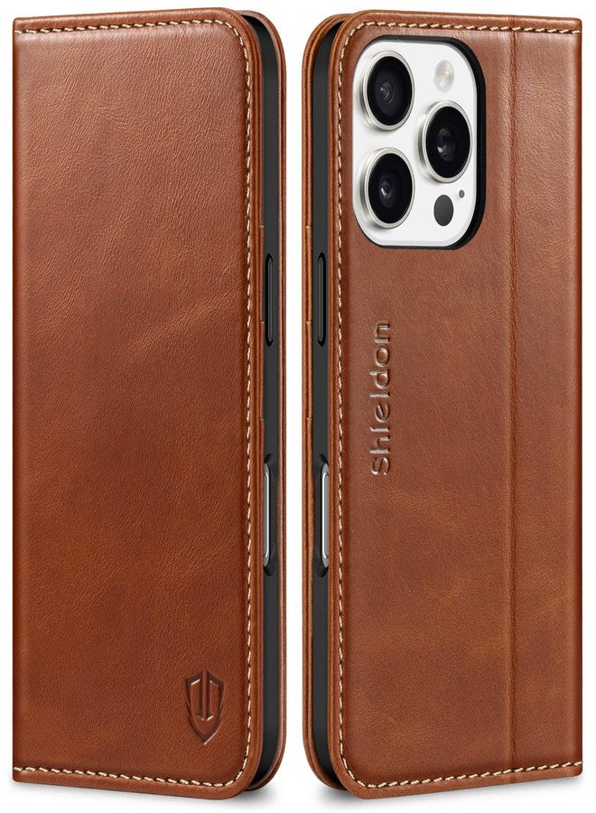 SHIELDON Case for iPhone 16 Pro 5G 6.3", Genuine Leather Wallet Folio Case with [Card Slots][Kickstand][RFID Blocking] Magnetic Protection Flip Case Compatible with iPhone 16 Pro - Retro Brown - Image 1