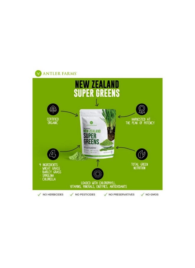 Antler Farms - 100% Pure Organic New Zealand Super Greens Powder 40 Servings 200G Wheat Grass Barley Grass Chlorella Spirulina Vegan Gluten Free Chlorophyll Rich For Energy And Detox - Image 1
