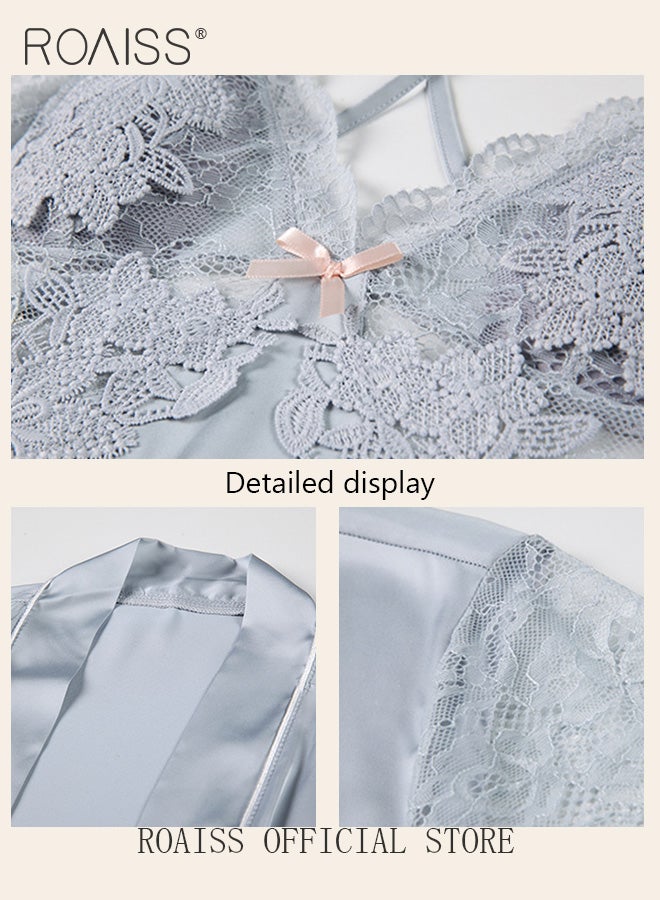 roaiss 2-Piece Set of Women Pajamas with V-Neck Design Women Home Wear Set Same Color Outer Robe and Lace Element Nightgown - Image 2