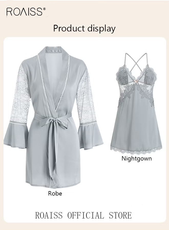roaiss 2-Piece Set of Women Pajamas with V-Neck Design Women Home Wear Set Same Color Outer Robe and Lace Element Nightgown - Image 1