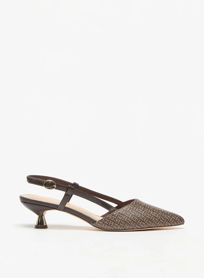 Flora Bella By Shoexpress Monogram Print Slingback Shoes with Kitten Heels and Buckle Closure